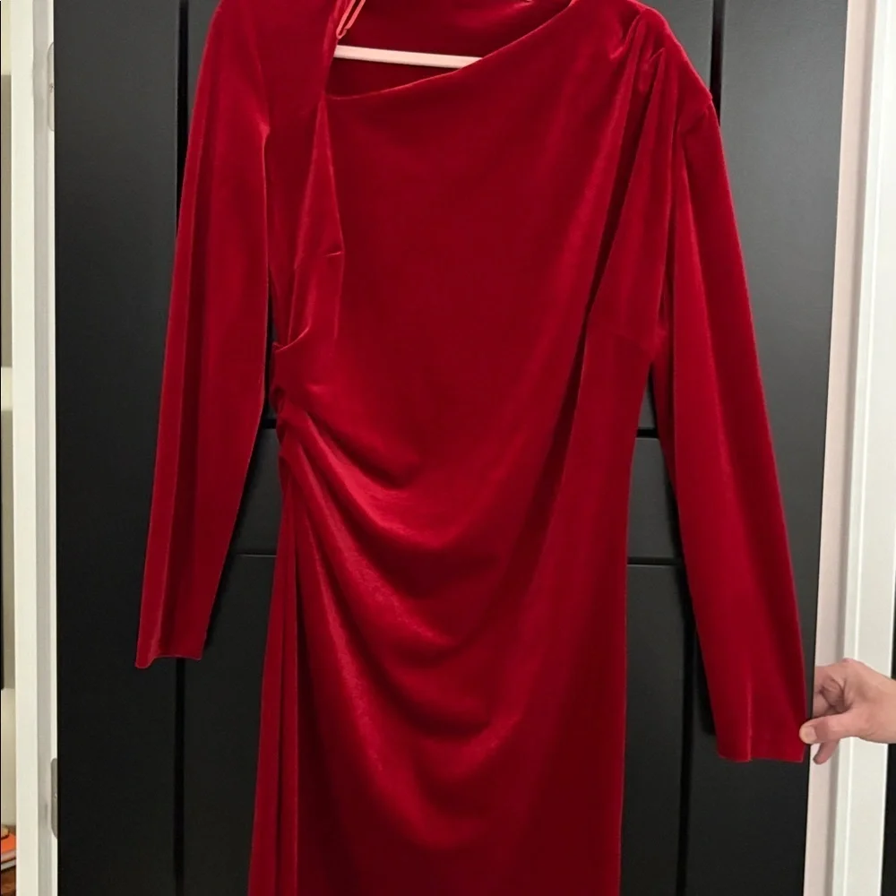 Zara Red Long Sleeve Holiday Dress. Soft Velvet Asymmetrical Neckline. Size XXL